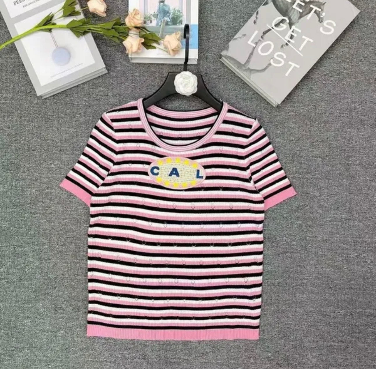 Top CH rayure rose noir